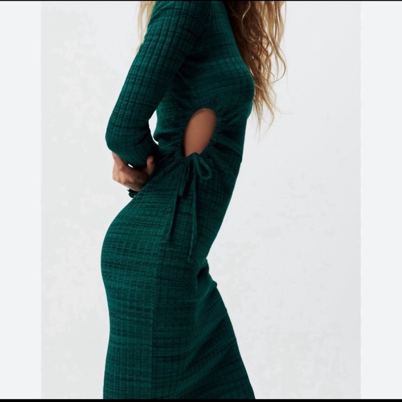 Zara Emerald green Cutout Dress long sleeve, midi with side cut outs, stretchy - Picture 3 of 10